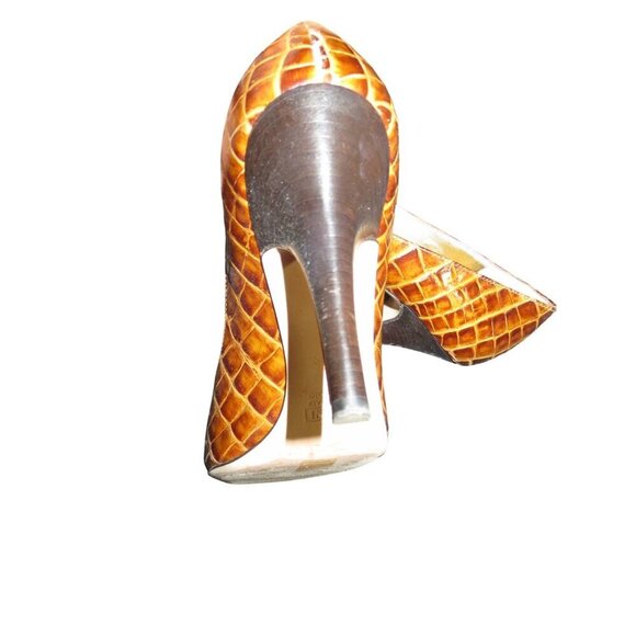Giuseppe Zanotti Brown Croc Embossed Italian Leather Peep Toe Pumps 37.5 or 7.5 - Picture 7 of 13